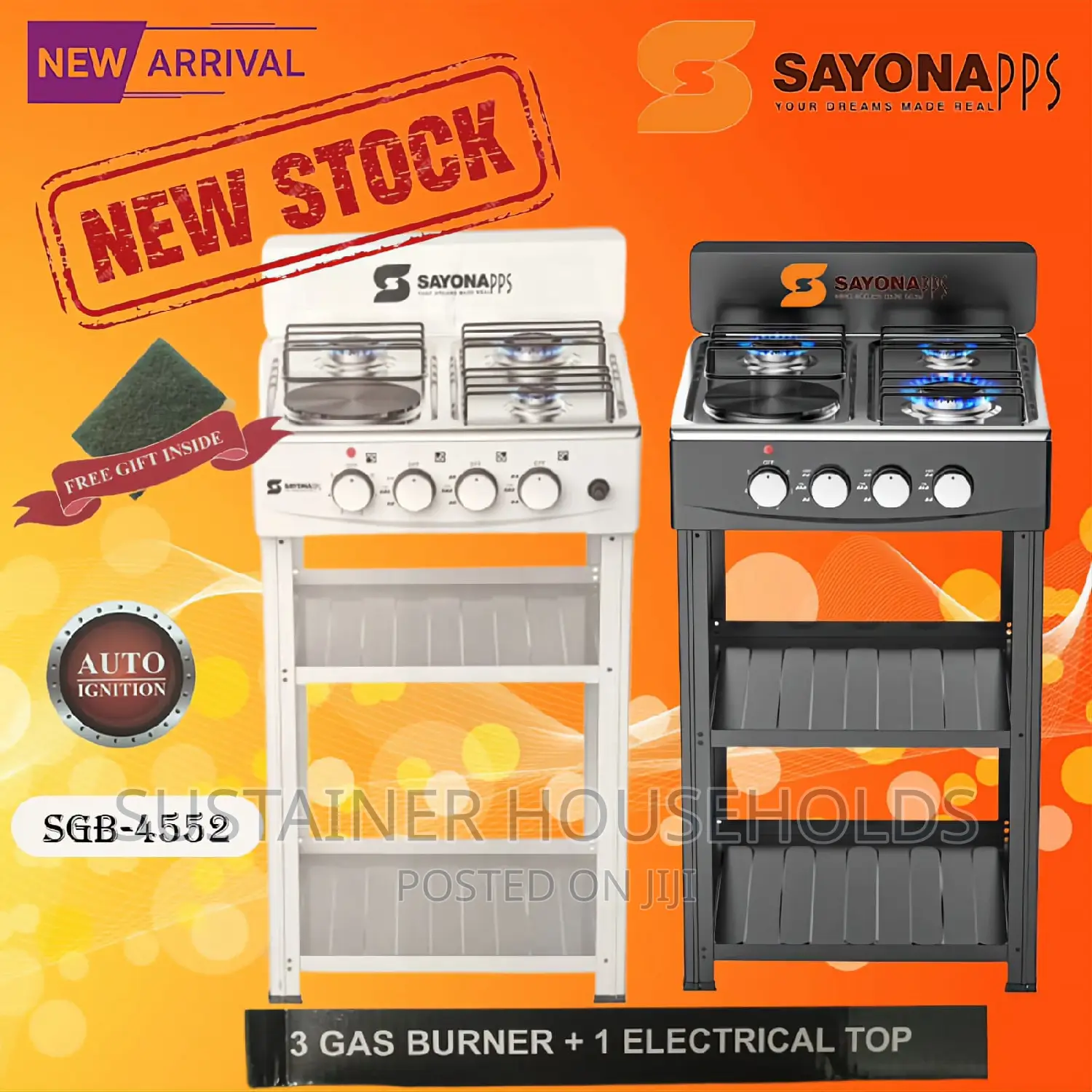 *Sayona Standing Cooker 3G+1E With Shelves (Very Steady)