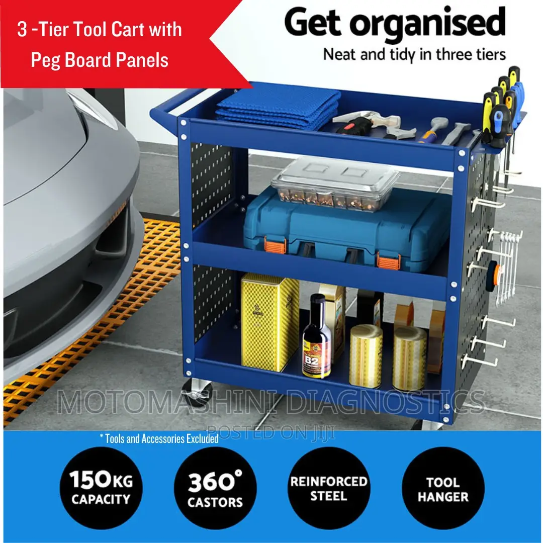 3 -Tier Tool Cart With Peg Board Panels and Wheel Casters