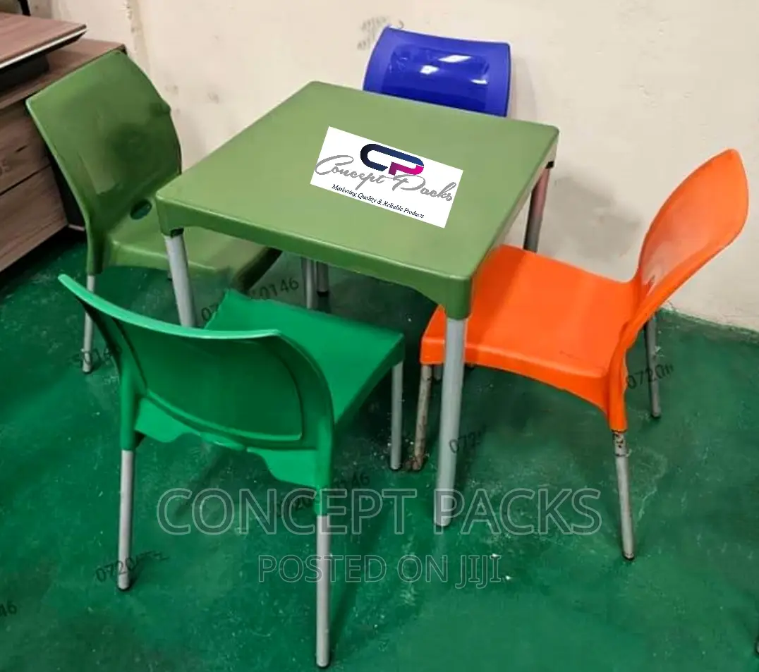 4 Armless Chairs + Square Table With Metal Tubing Legs