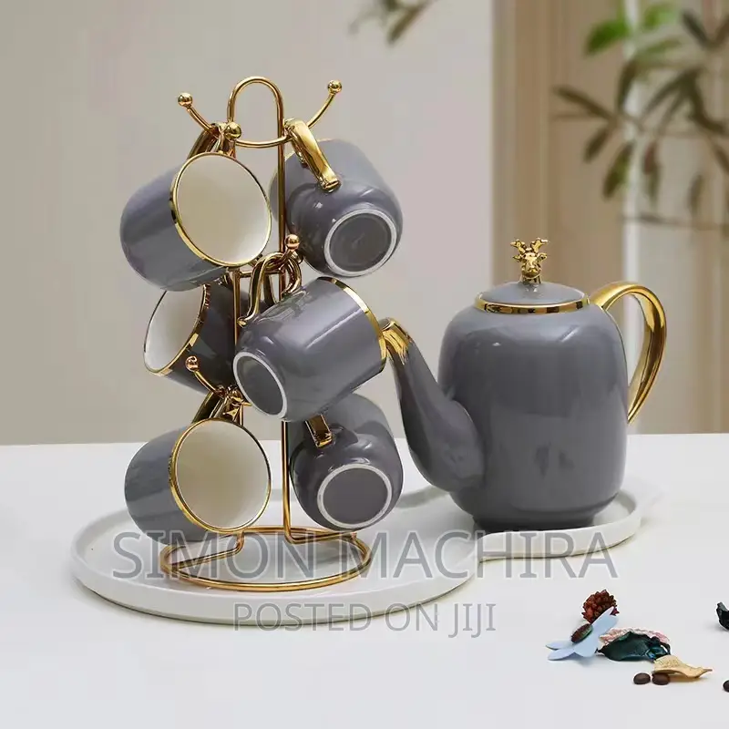 Ceramic Kettle Tray and 6 Cups