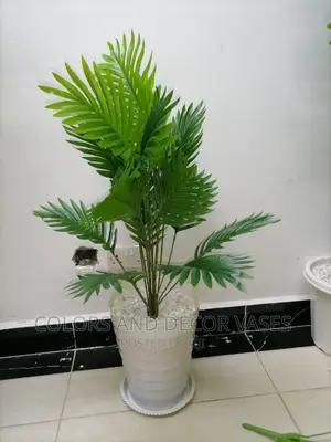 White Plastic Vase With Bottom Tray and Artificial Palm Tree