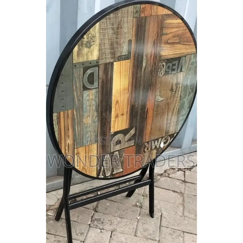 Foldable Round Wooden Table With Metallic Stand