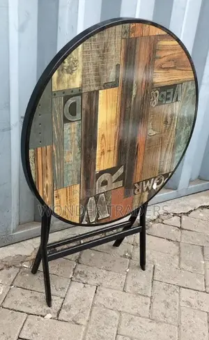 Foldable Round Wooden Table With Metallic Stand