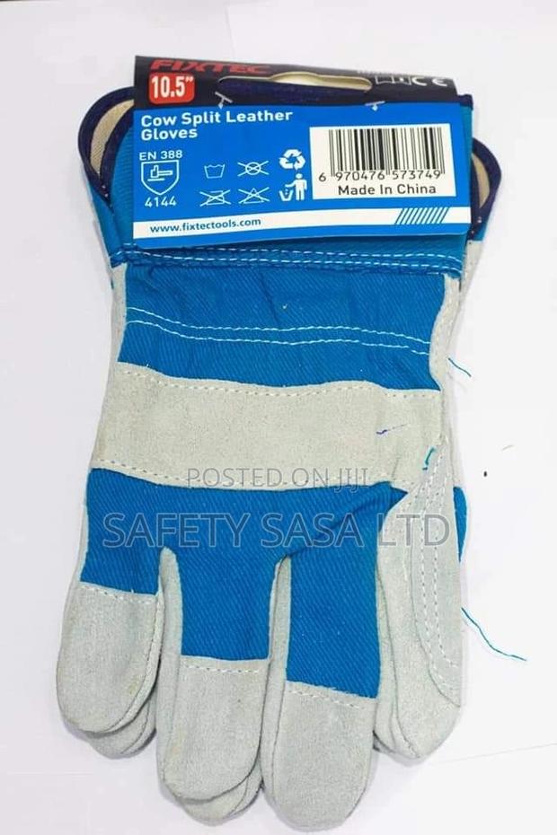 Cow Split Leather Gloves Blue & Red - main view