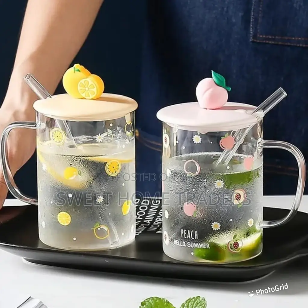 Fruit Style Cartoon Transparent Glass Cup With Straw ,;;
