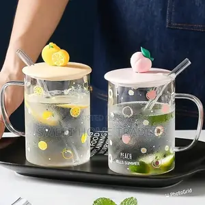 Fruit Style Cartoon Transparent Glass Cup With Straw ,;;
