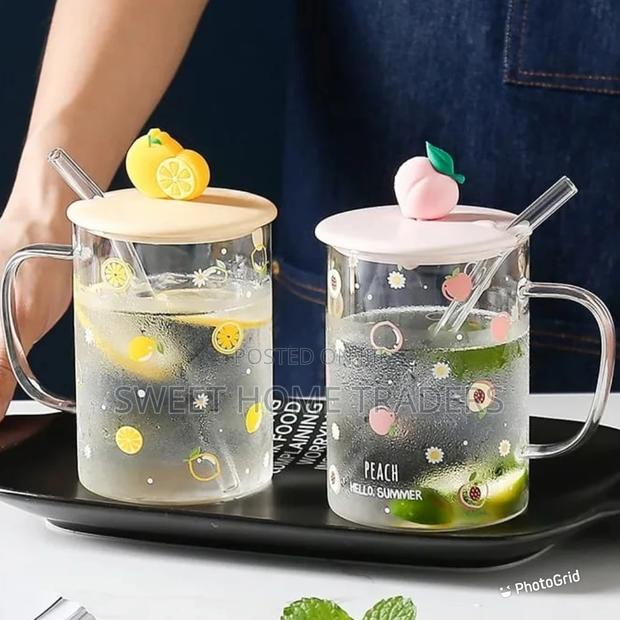 Fruit Style Cartoon Transparent Glass Cup With Straw ,;;