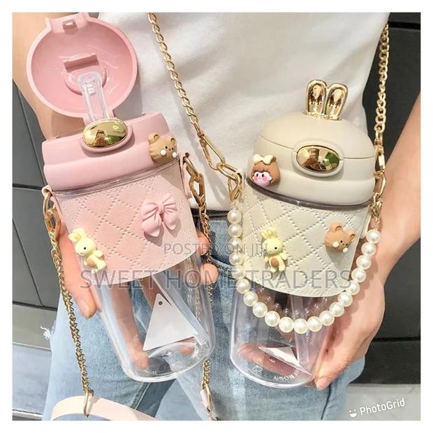 Unique Rabbit Ear Water Bottle With Straw and Gold Chain - main view