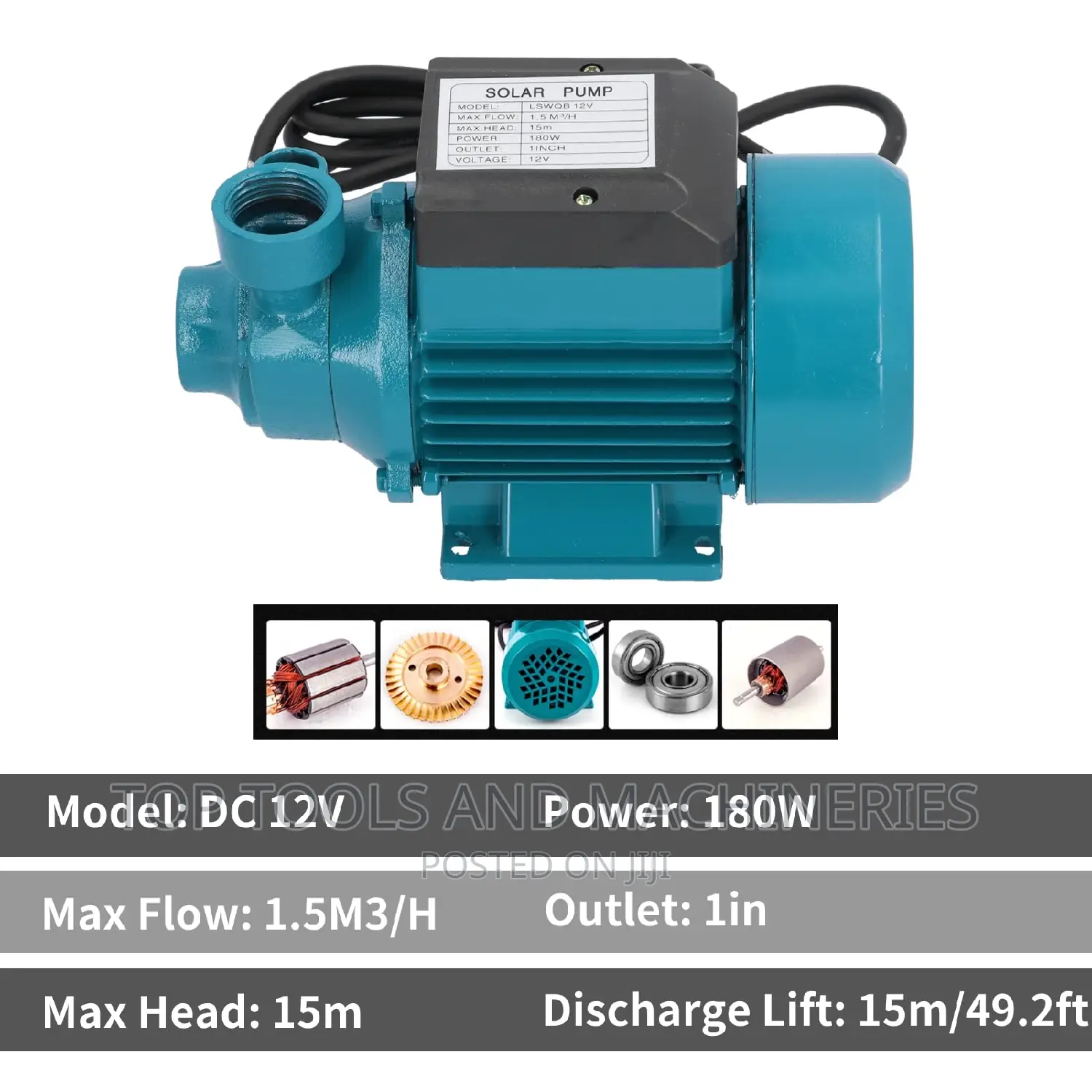Solar Water Pump, DC 12V 180W, 1 Inch Outlet, 15m Head