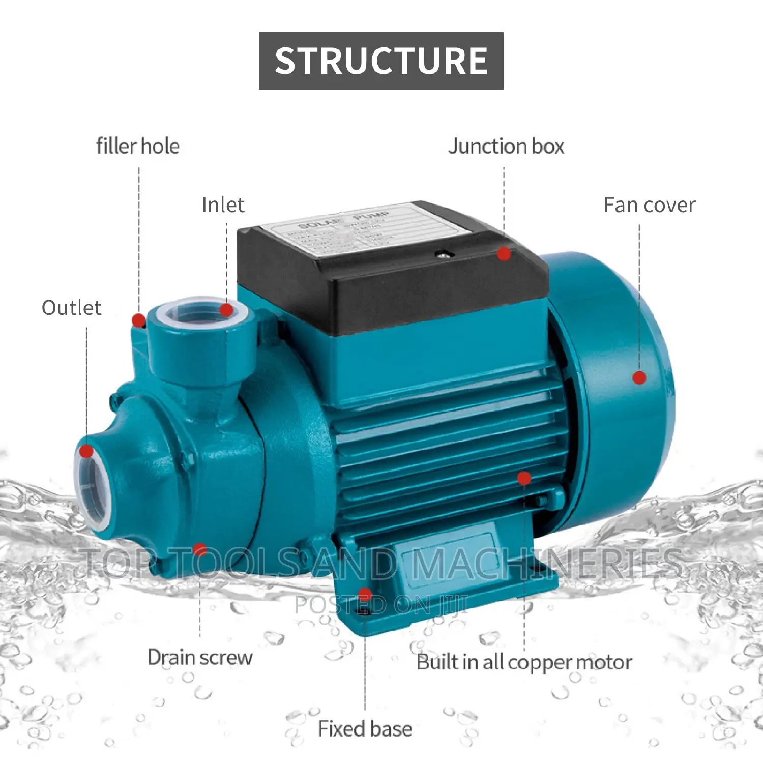 Solar Water Pump, DC 12V 180W, 1 Inch Outlet, 15m Head