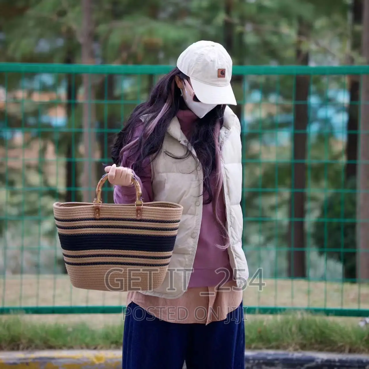 *Ladies Large Woven Tote Bag With Bamboo Handle