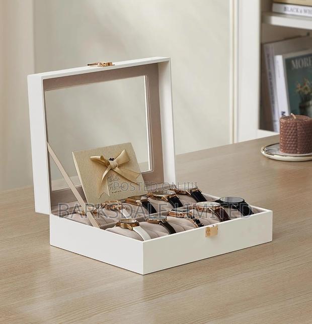 WHITE Watch Display Organizer Box Case 10 PU LEATHER SLOTS - main view