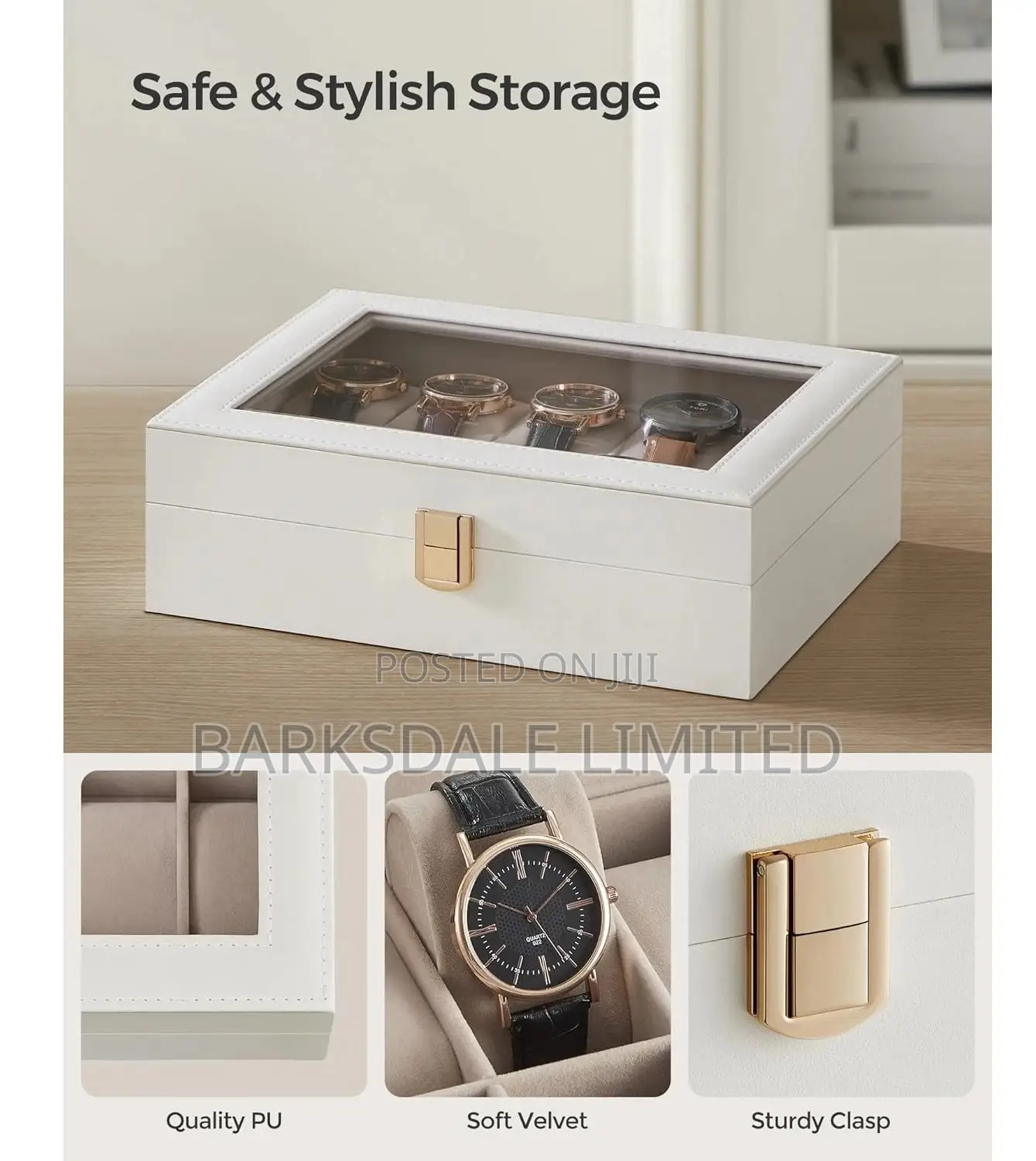 WHITE Watch Display Organizer Box Case 10 PU LEATHER SLOTS