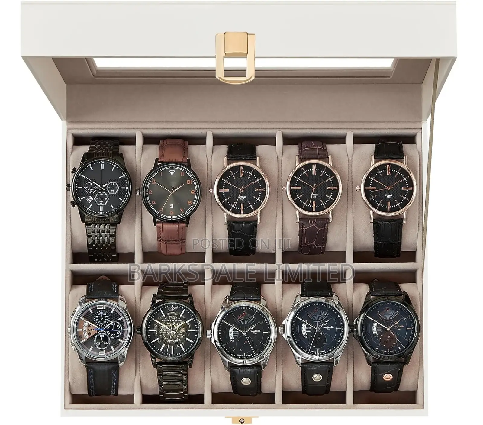 WHITE Watch Display Organizer Box Case 10 PU LEATHER SLOTS