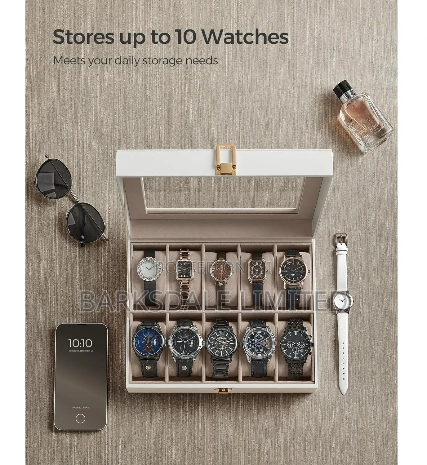 WHITE Watch Display Organizer Box Case 10 PU LEATHER SLOTS