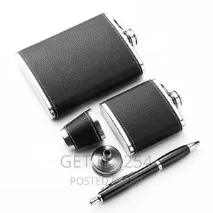 Black Leather-Covered Whiskey Flasks Gift Set