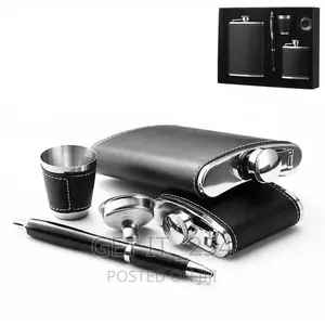 Black Leather-Covered Whiskey Flasks Gift Set
