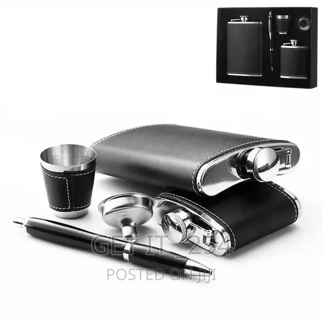 Black Leather-Covered Whiskey Flasks Gift Set
