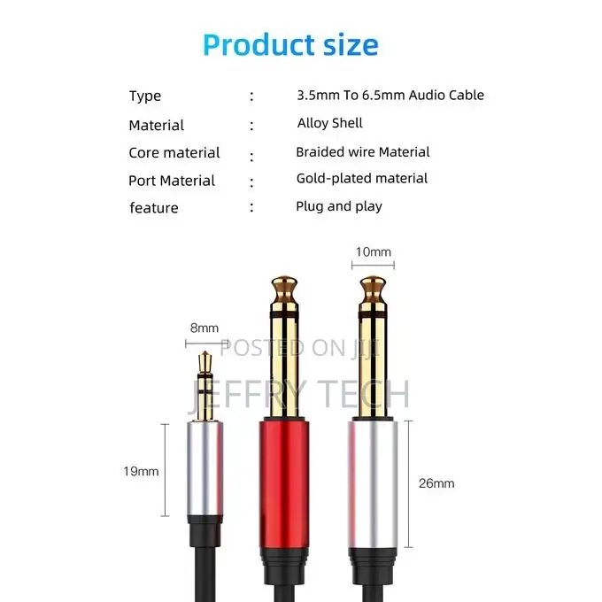3.5mm to Dual 6.5mm Adapter Jack Audio Cable 3.5 to 6.5 AUX