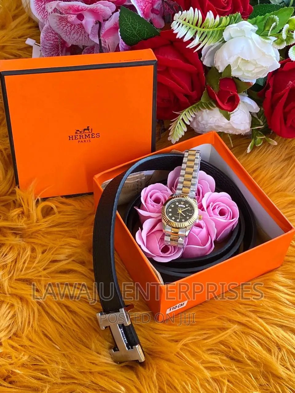 Ladies Leather Belt, Watch Pink Roses Gift Pack