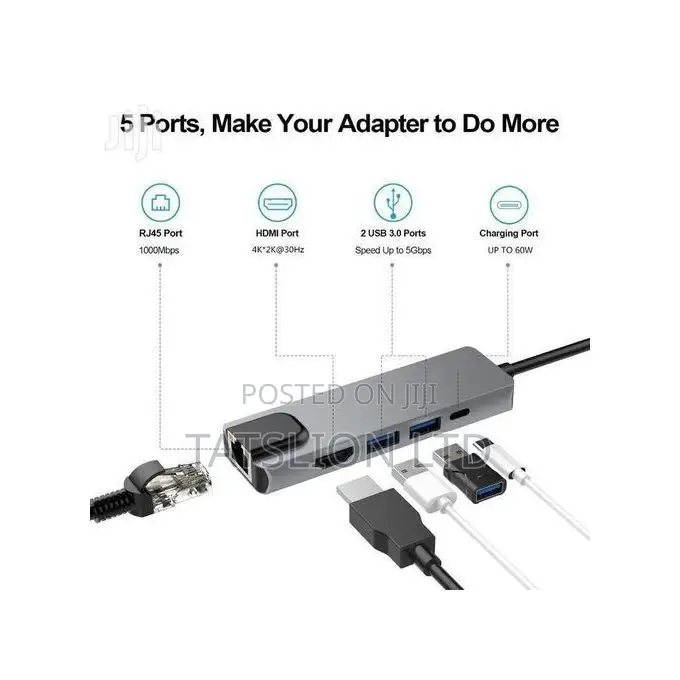 Ethernet Port USB C PD Charging Multiport Adapter 5 IN 1 Ty