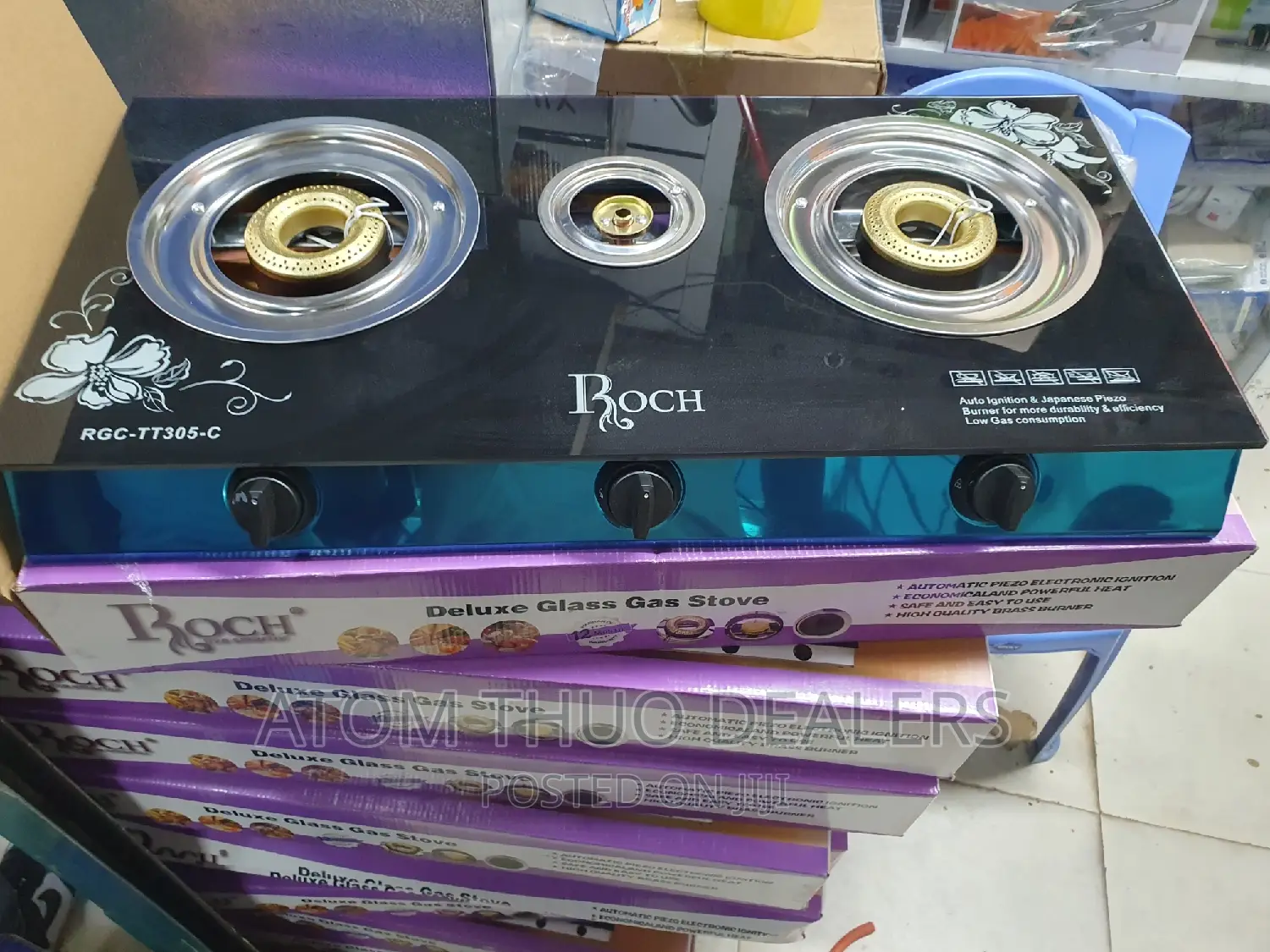 3 Gas Burners Roch Glass Top Cooker 