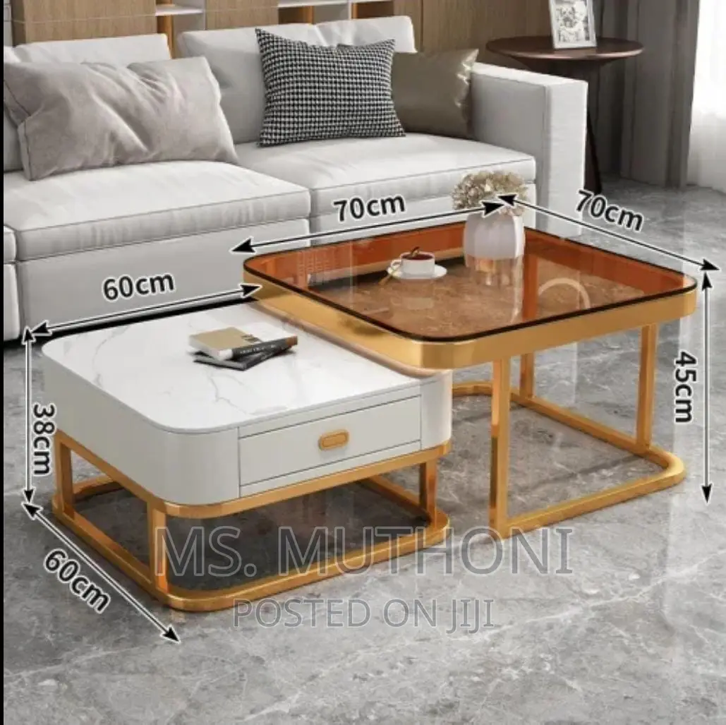 Square Glass Top Nesting Coffee Table Set + Storage Drawer