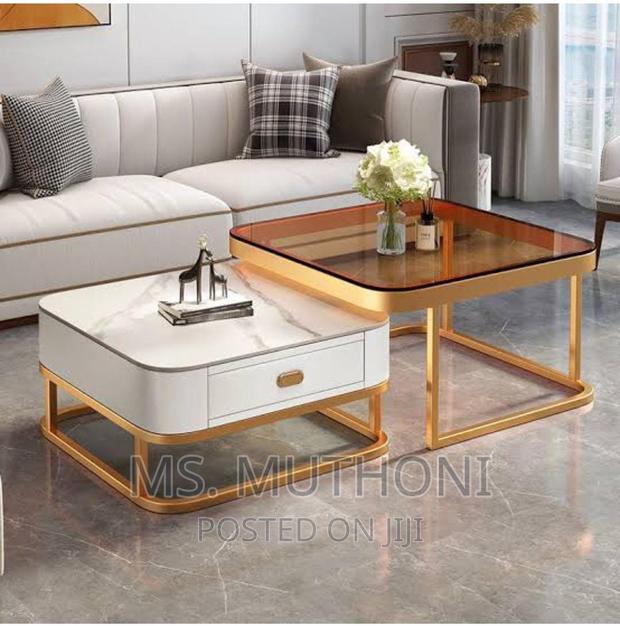 Square Glass Top Nesting Coffee Table Set + Storage Drawer - main view