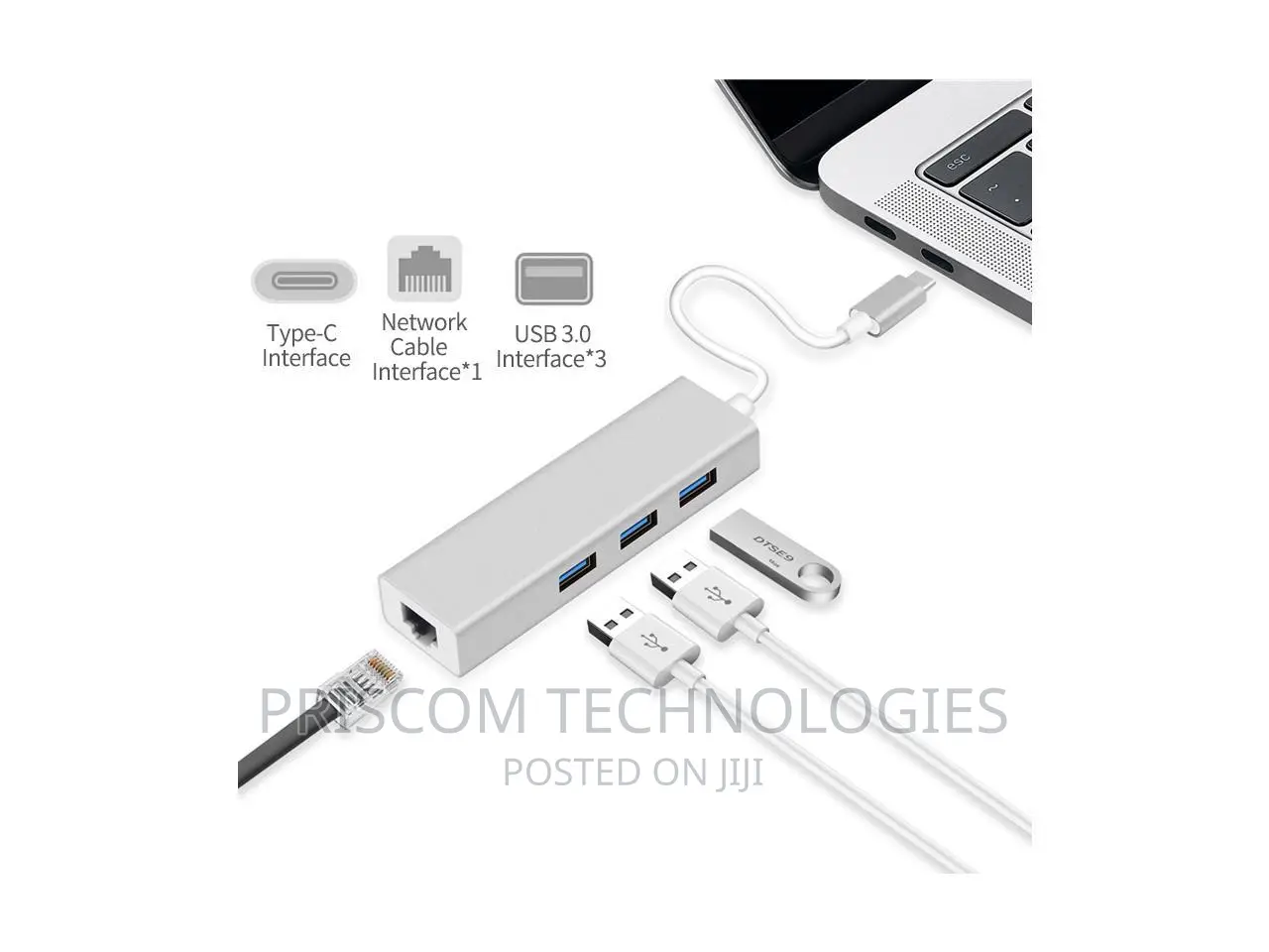 USB Type C to 3 Port USB Hub With LAN, Type C Male to Rj45