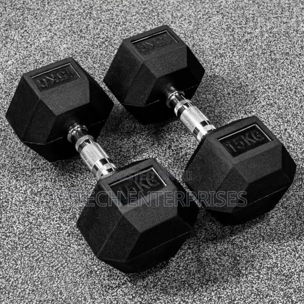 15kg Single Fixed(Hexagon Shaped) Rubber Dumbbells - main view