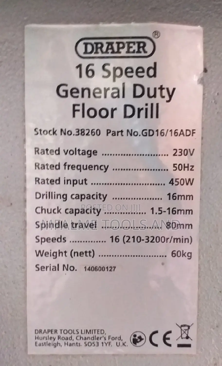 Pillar Drill 16 Speed Draper Floor Heavy Duty 450w240v Ex-Uk