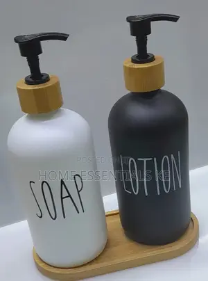 2pcs Lotion/Soap Dispenser Ceramic With a Wooden Base