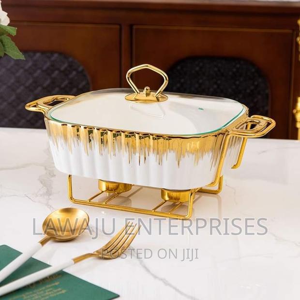 White Ceramic Chaffing Dish With Gold Detail - main view