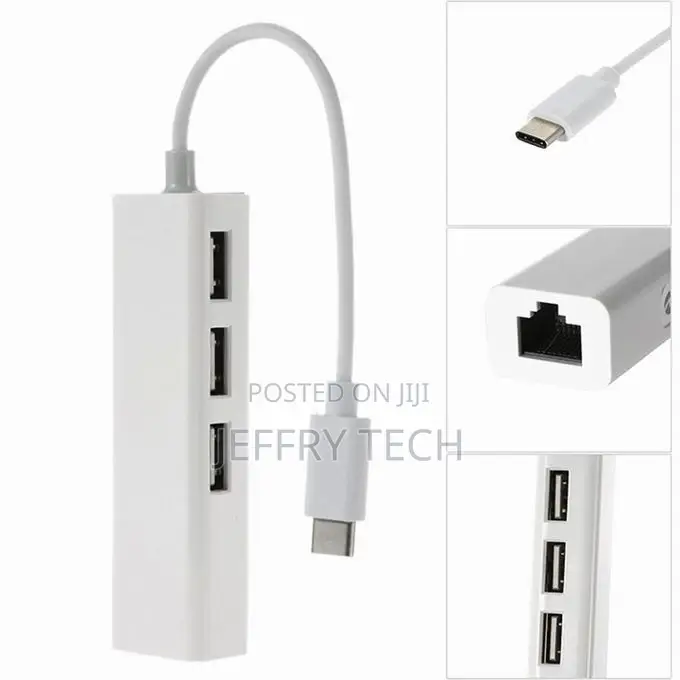 USB 2.0 Type-C 3 Port HUB Ethernet Adapter RJ45 100mbps