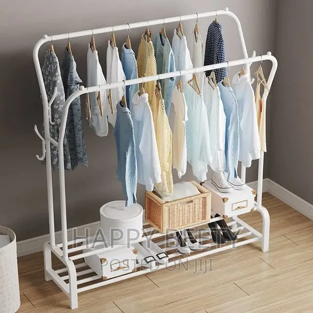 *Curved Double Clothes Rack With 2 Bottom Shelf Storage
