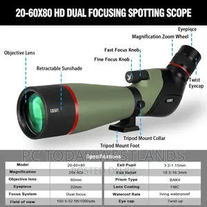Gosky Newest 20-60x80 HD Dual Focusing Spotting Scope • BAK4