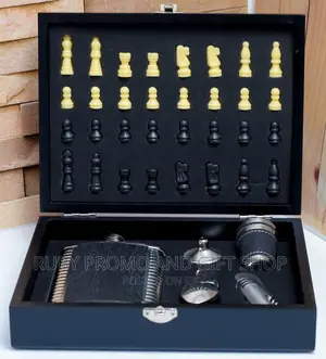 Wooden Chess Black Leather Hip Flask Set