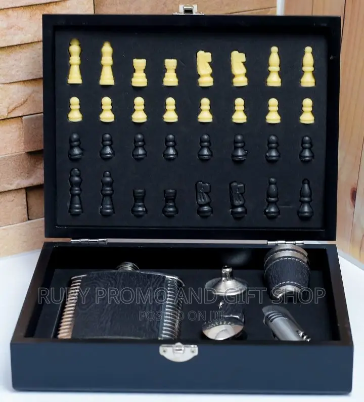 Wooden Chess Black Leather Hip Flask Set