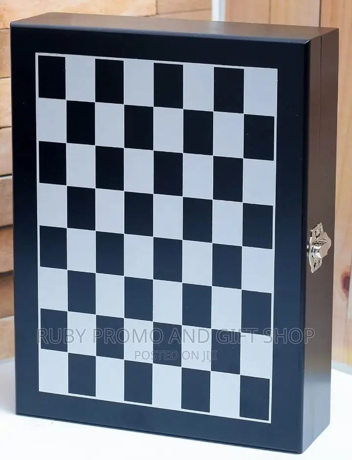Wooden Chess Black Leather Hip Flask Set