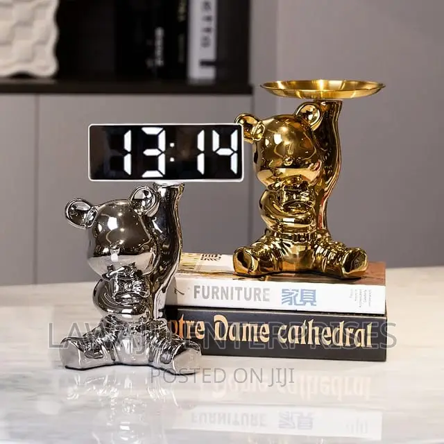 Bear Piggy Bank Sculpture With Digital Clock