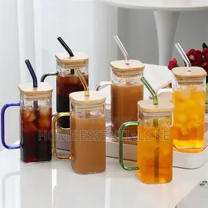 Heat Resistant Square Glass Cup With Colored Handle Straw*