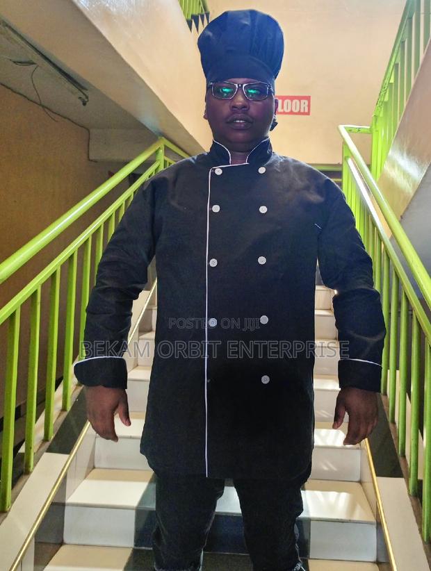 White Piped Black Chef Jacket+ Chef Hat - main view