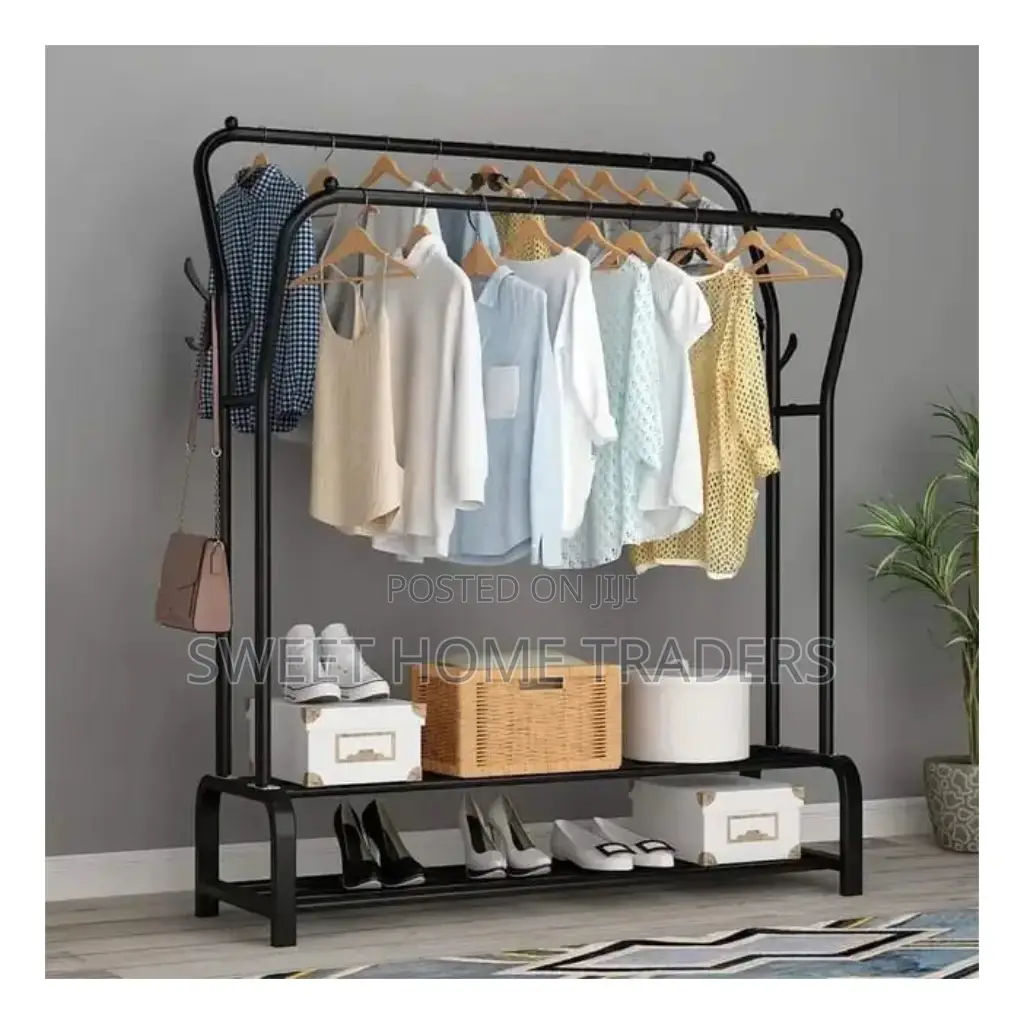 *Curved Double Clothes Rack With 2 Bottom Shelf Storage*