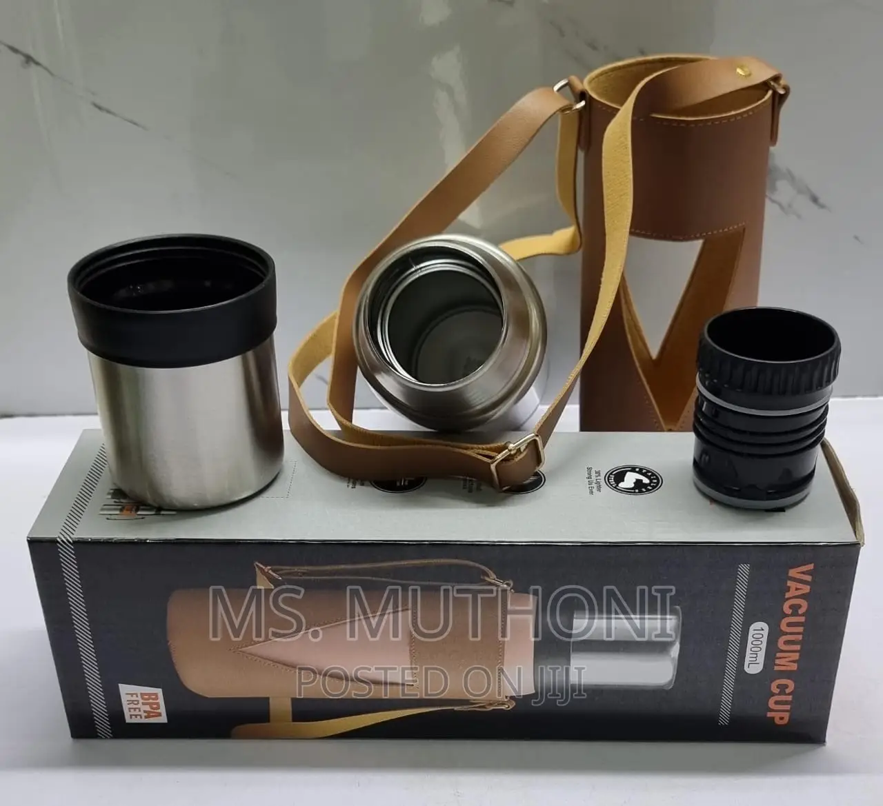 1000ml and 1200ml Camping Thermocup in Leather Carrier Bag