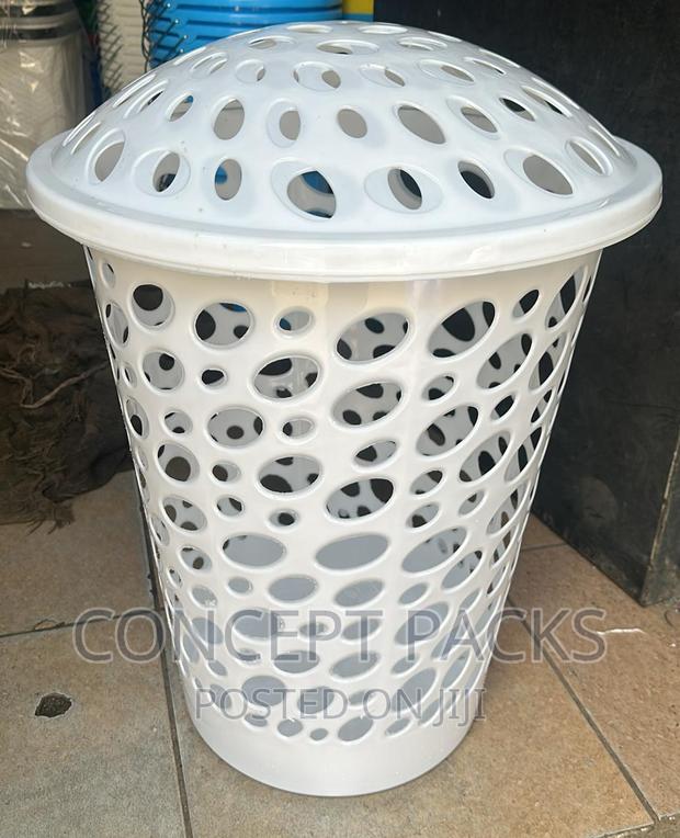 White Tall Laundry Basket. - main view
