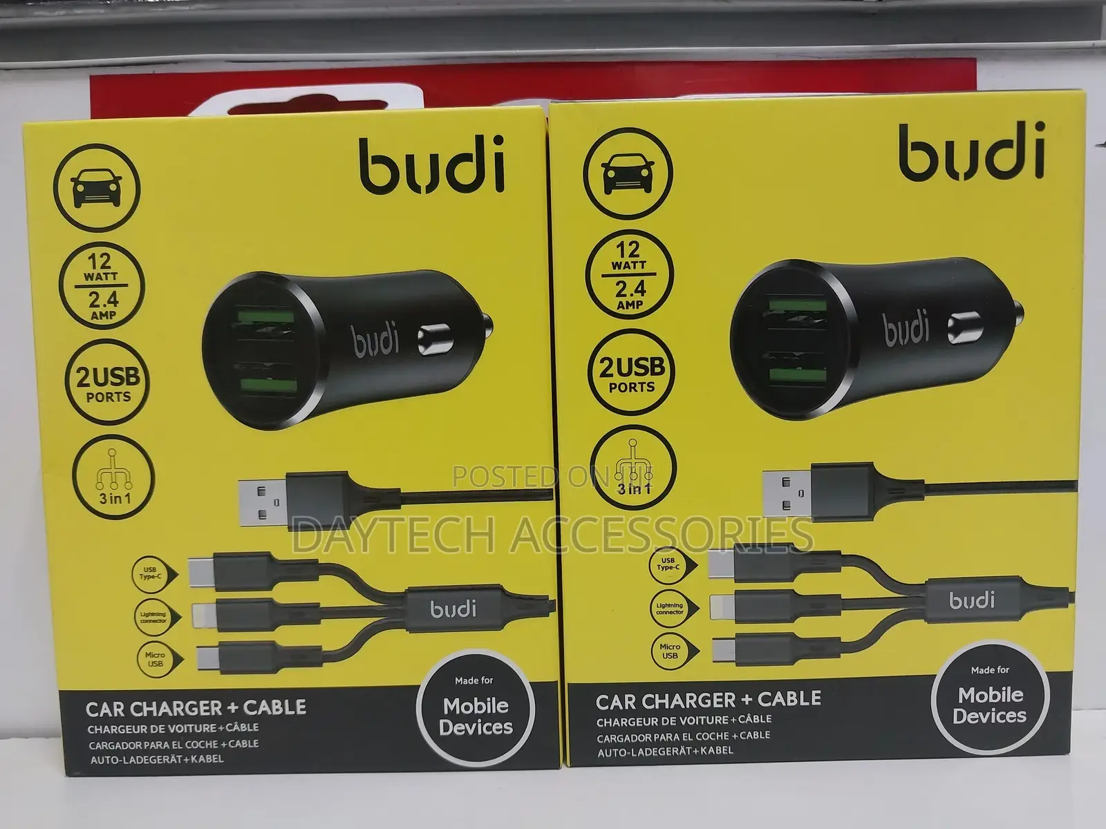 Budi 3 in 1 Car Charger 2 Usb Car Charger With Coiled 3 in 1