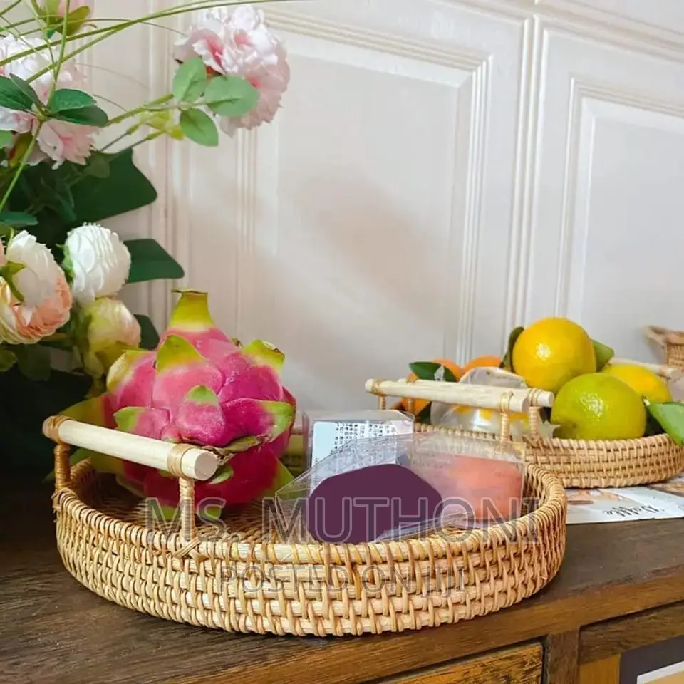 Handwoven Wicker Rattan Tray With Wooden Handles