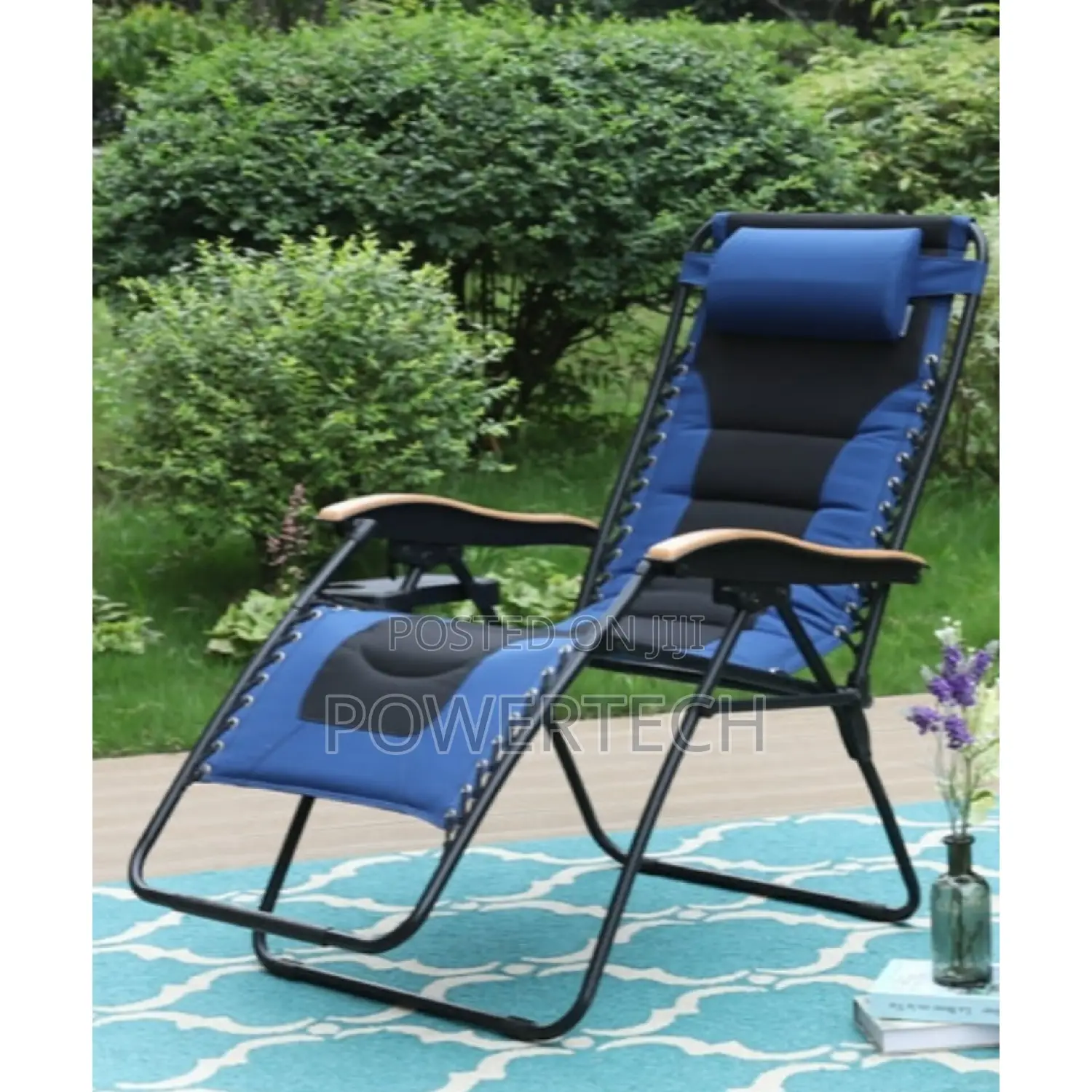 Adjustable Camping Reclinable Chair With Cup Holder, Blue.