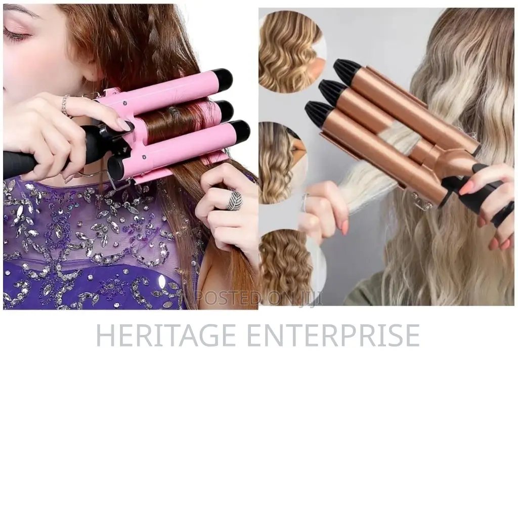 Hair Curler With Tripple Barrel Iron Available in Gold/Pink