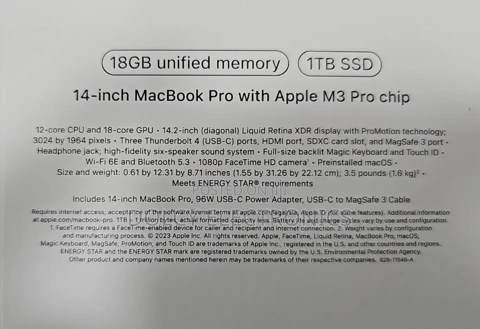 New Laptop Apple MacBook Pro 18GB Apple M3 Pro SSD 1T